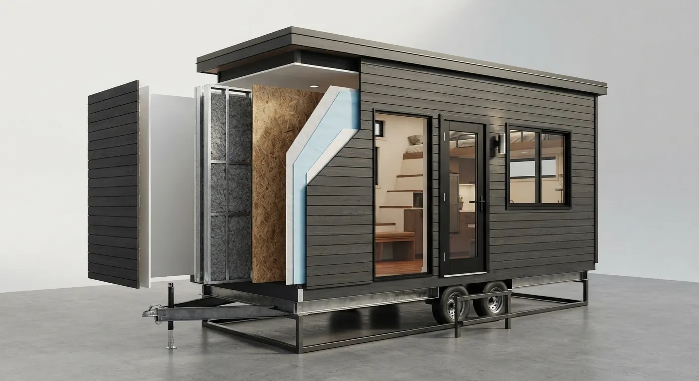Módulo con el muro cortado en capas: placa de yeso, estructura metálica, celulosa proyectada, OSB, barrera hidrófuga y siding.