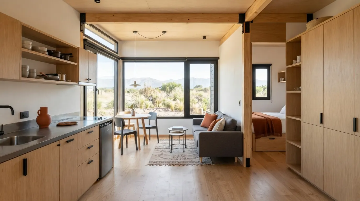 Interior de un módulo habitacional con cocina de mesada y bajo mesada, estar y piso de madera.