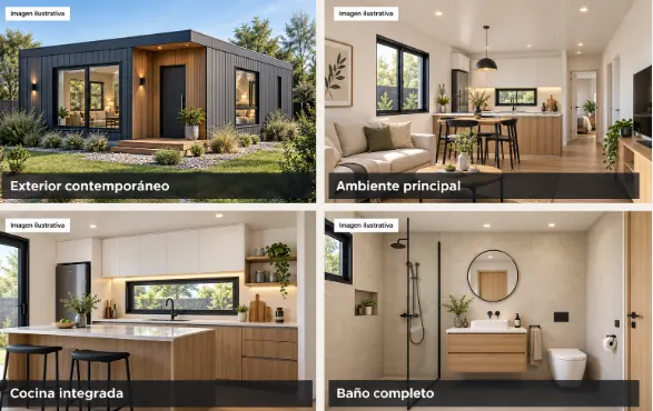 Cuatro vistas de un módulo habitacional: exterior contemporáneo, ambiente principal, cocina integrada y baño completo.