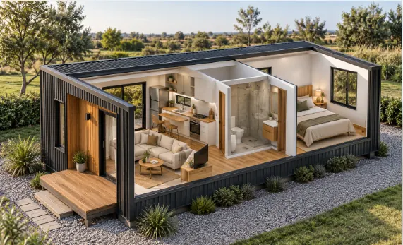 Corte en 3D de un módulo habitacional con estar, dormitorio, baño y cocina, con deck de madera.