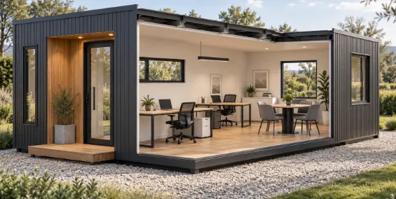 Oficina modular de revestimiento grafito con frente vidriado y puestos de trabajo a la vista.