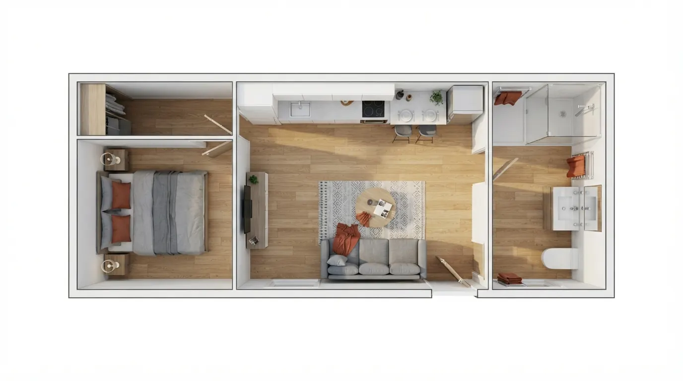 Planta en 3D de módulo con dormitorio independiente, vista desde arriba.