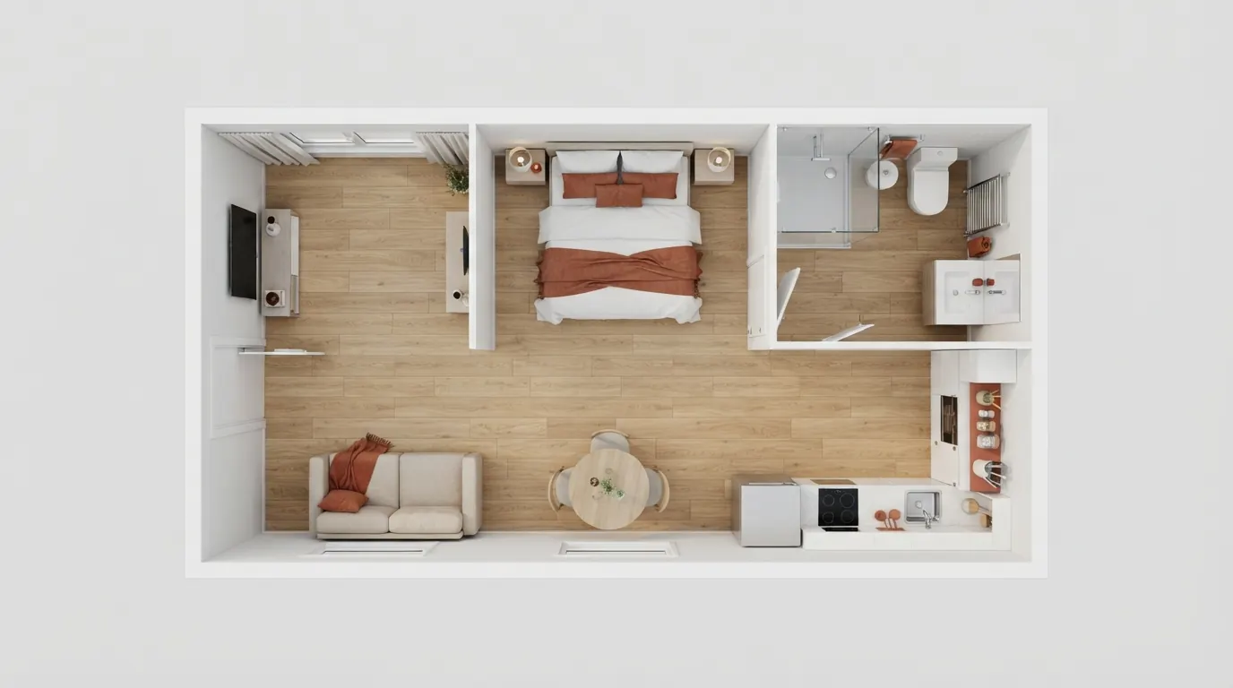 Planta en 3D de monoambiente con cocina y baño, vista desde arriba.