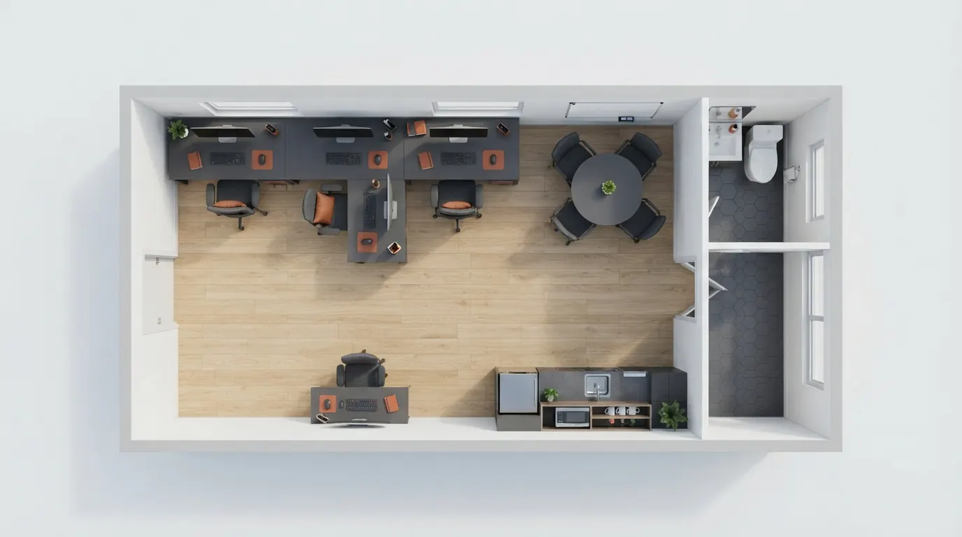Planta en 3D de oficina con baño, vista desde arriba.