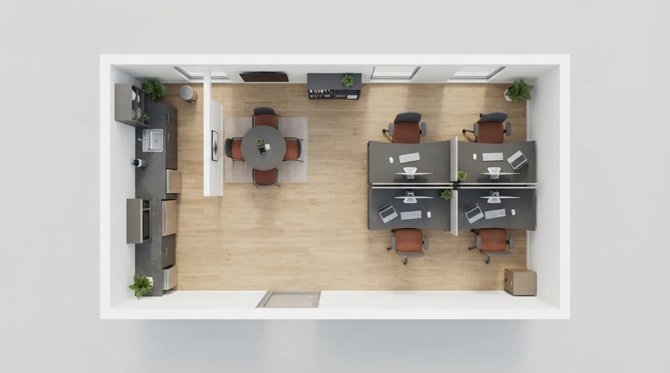 Planta en 3D de oficina modular, vista desde arriba.