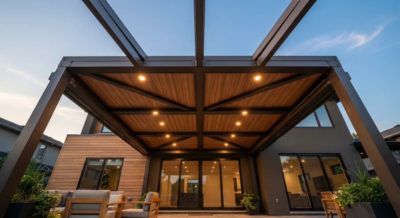 Pérgola con cielorraso de PVC símil madera y luces empotradas, al atardecer.