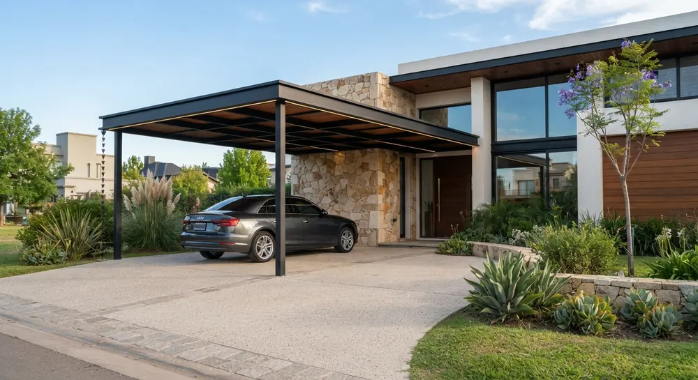 Cochera de estructura metálica con un auto, frente a una casa moderna.