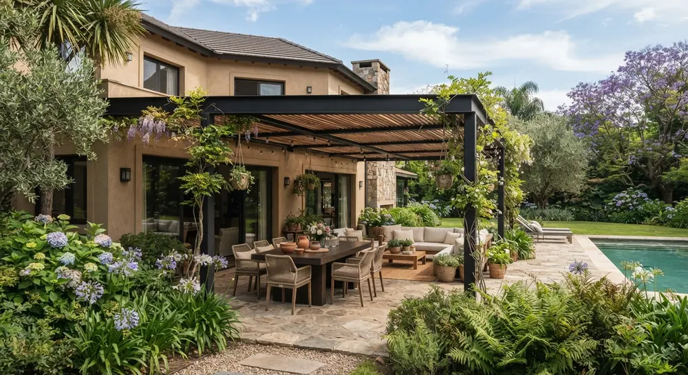 Pérgola metálica sobre una galería con mesa larga, junto a la pileta y el jardín.