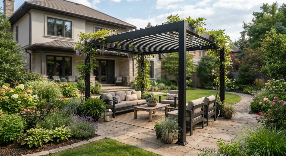 Pérgola metálica en el jardín, sobre un estar con sillones y plantas con flores.