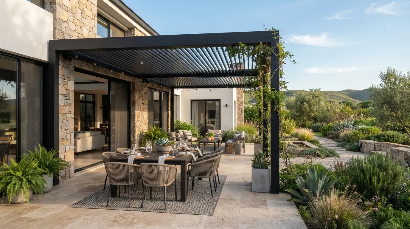 Pérgola metálica negra sobre un patio con mesa de comedor, junto a una casa de piedra y vidrio.
