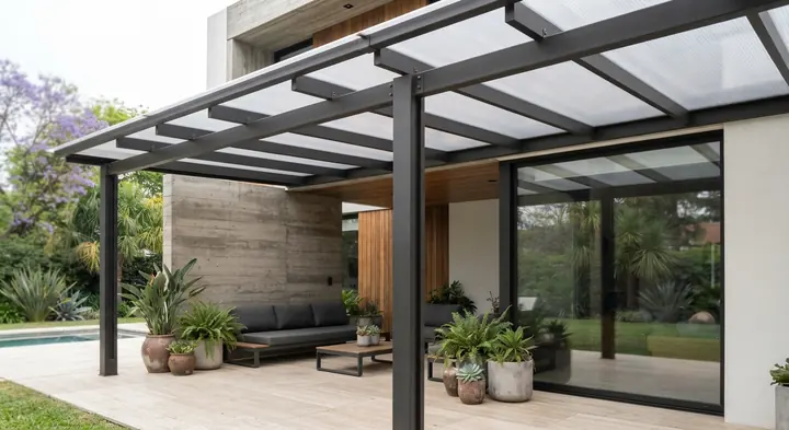 Pérgola con techo de policarbonato alveolar antigranizo.