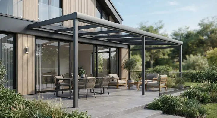 Pérgola con techo de policarbonato compacto.