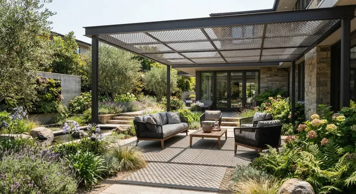 Pérgola con techo de metal desplegado.
